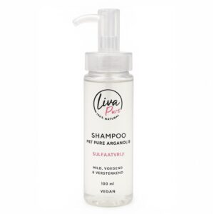Een 100 ml flesje met sufaatvrije shampoo met pure Arganolie van Liva Pure Products