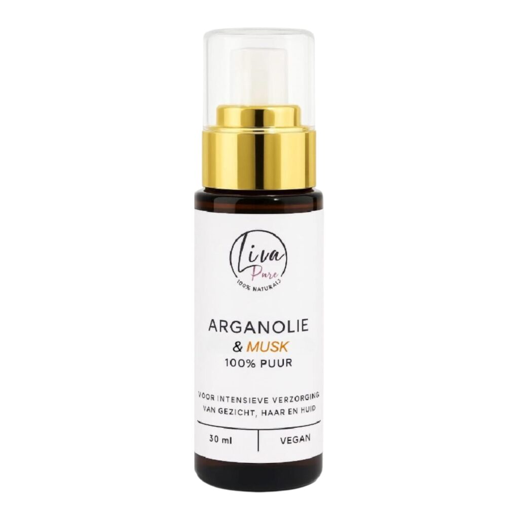 Een 30 ml flesje met pure Arganolie met Musk extract van Liva Pure Products