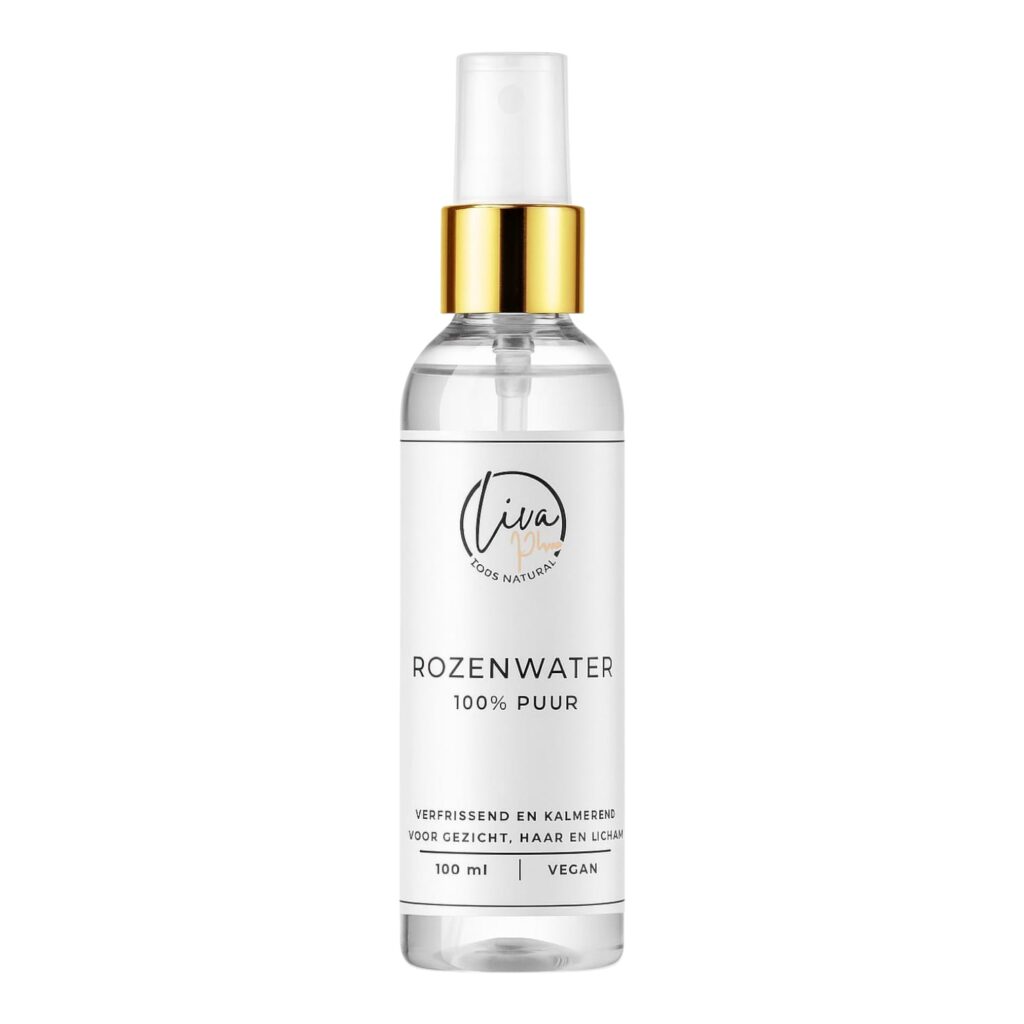 Een 100 ml flesje met biologische Rozenwater van Liva Pure Products
